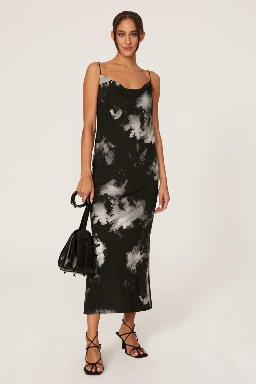 Samsoe Applesi Dark Blue Moody Tie Dye Cowl Neck Long Viscose Slip Dress S
